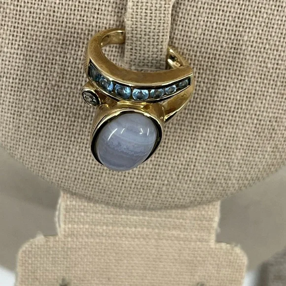 Vintage Estate Ring 925 Gold with Blue Chalcedony and Accent Stones - Picture 15 of 15